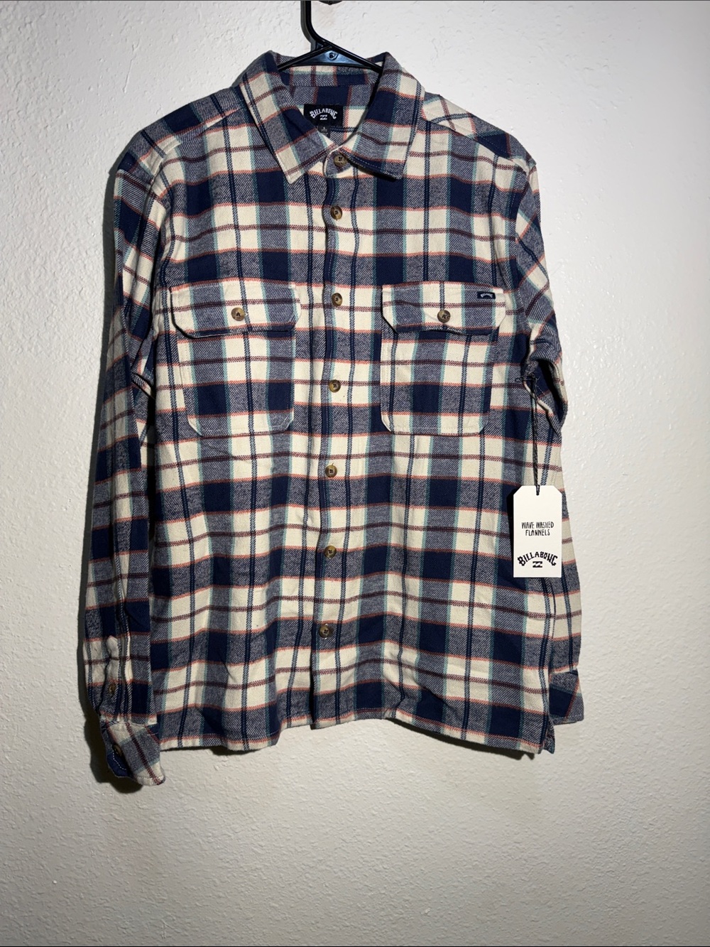 Billabong Men’s Navy and Cream Plaid Button-Down Shirt